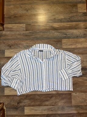 Drew Striped Button-Front Cropped Shirt - Blue & White size Large linen cotton